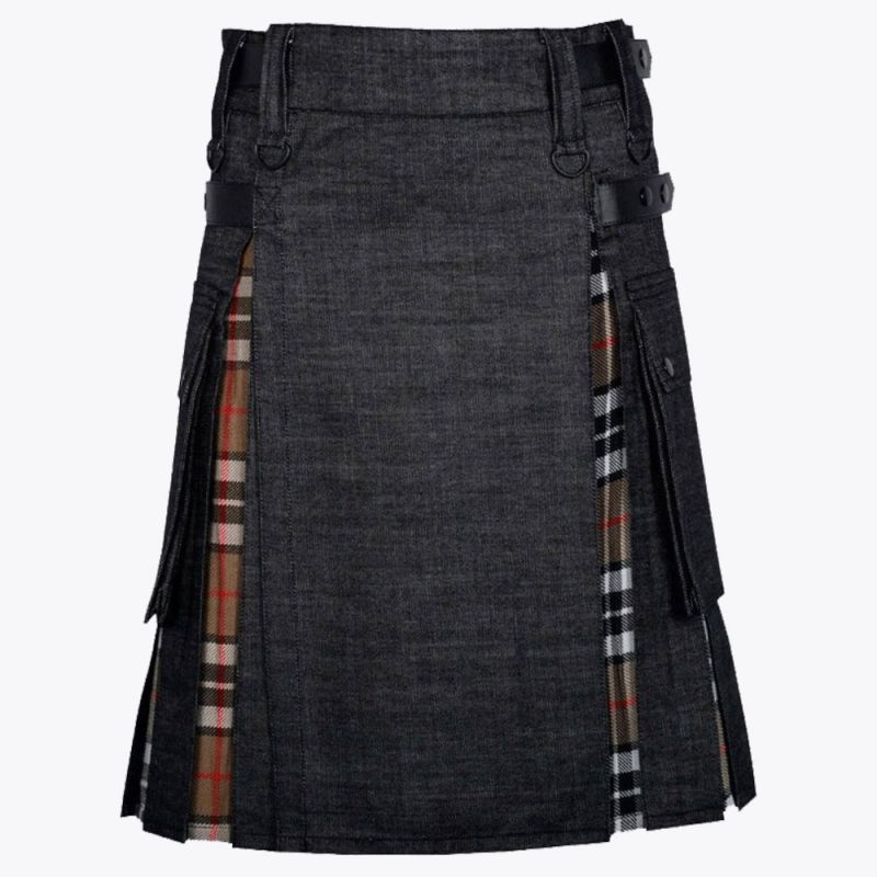 campbell tartan black denim hybrid utility kilt for men