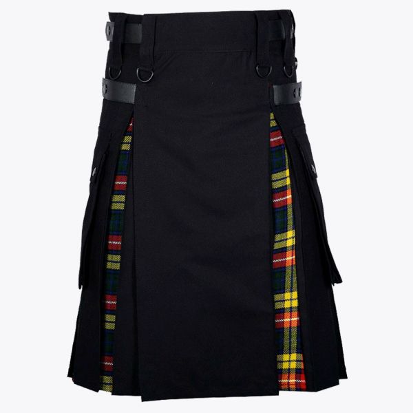 black cotton buchanan tartan hybrid kilt