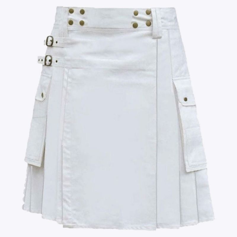 white utility kilt with cargo pockets