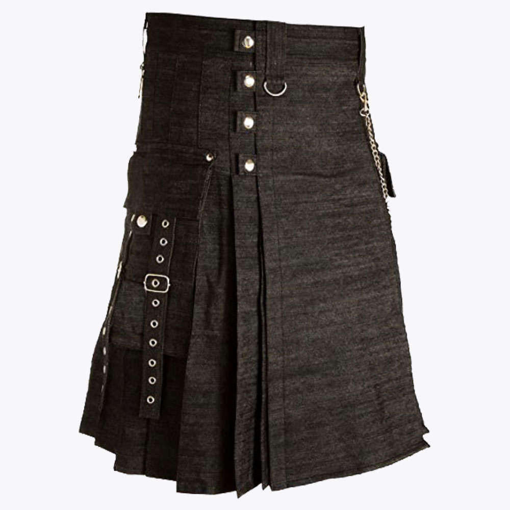 black denim utility kilt style with cargo pockets 1.jpg