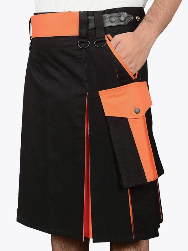 black orange utility kilt for men.jpg