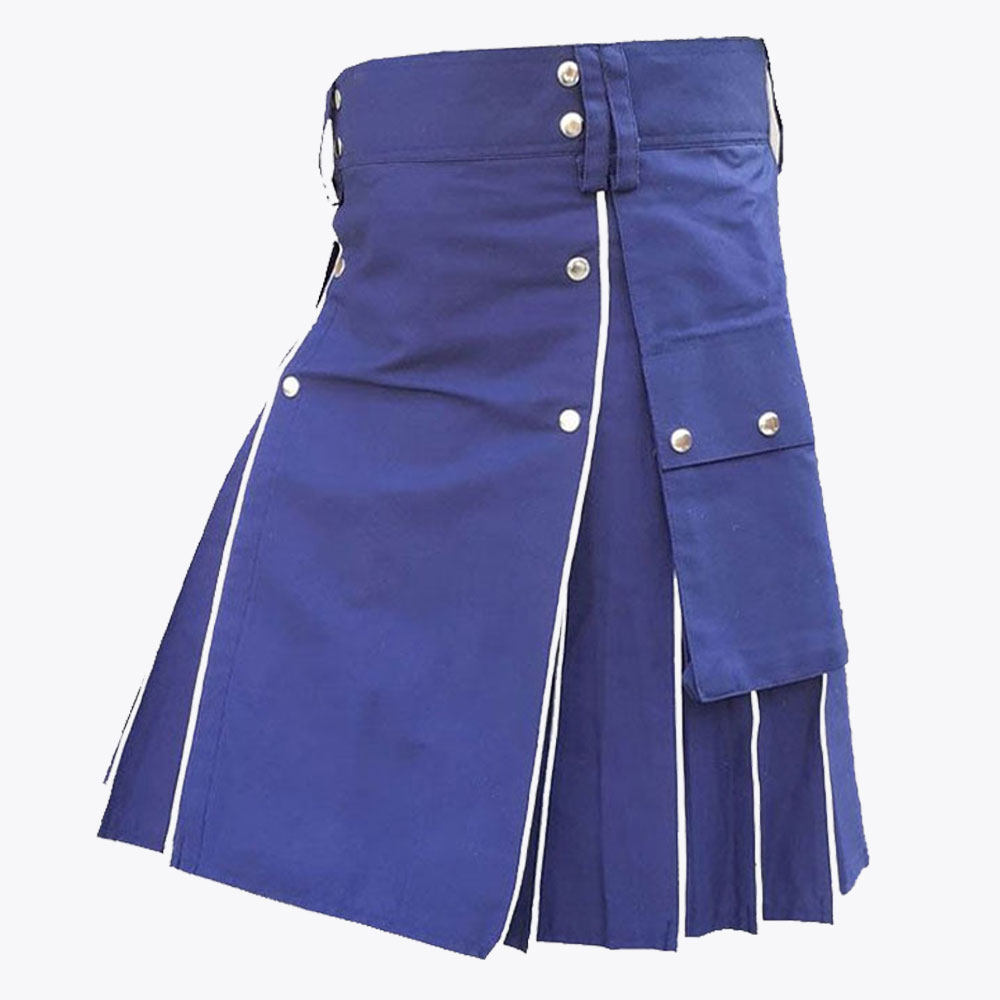 blue utility kilt for men with white line.jpg