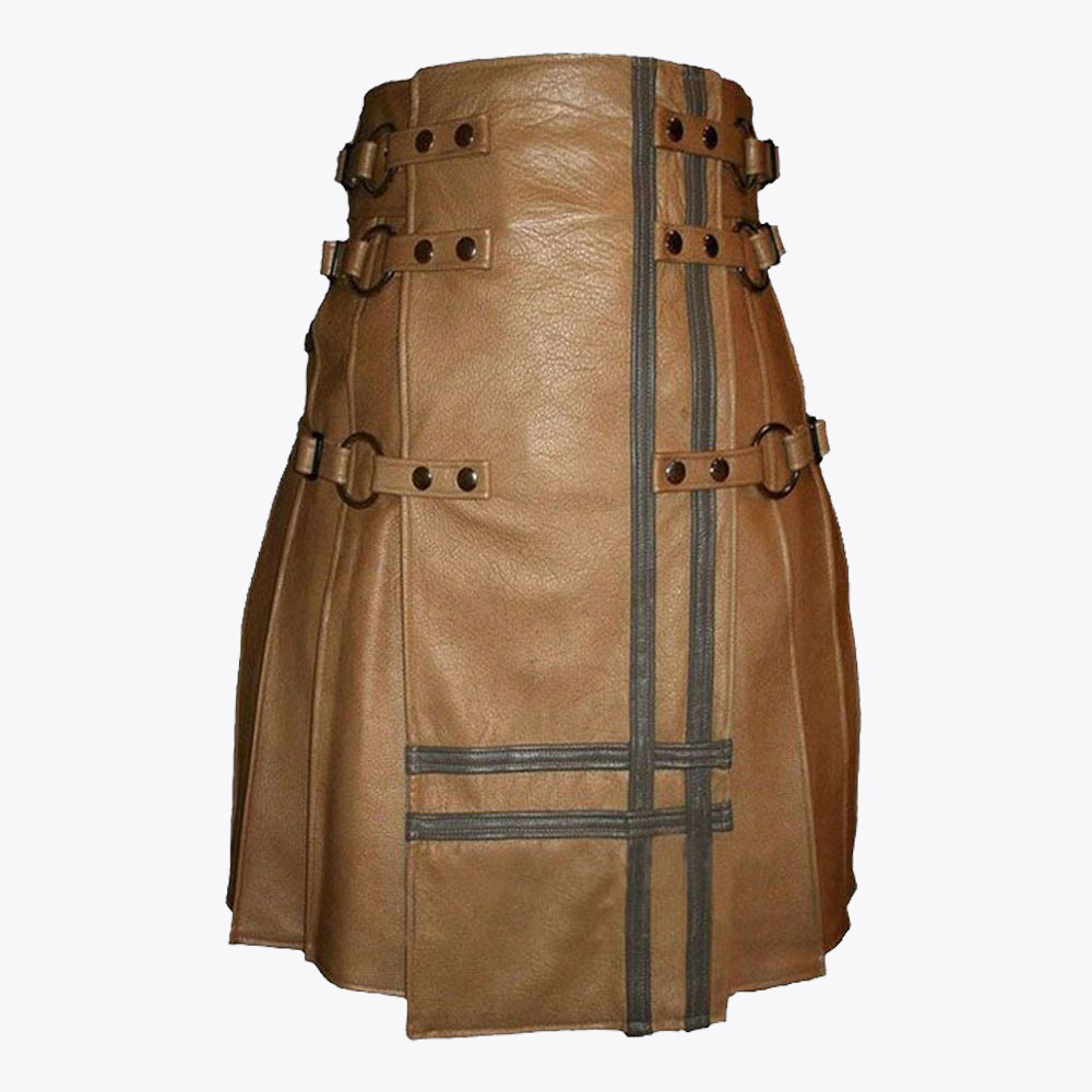 brown leather utility style kilt for men.jpg