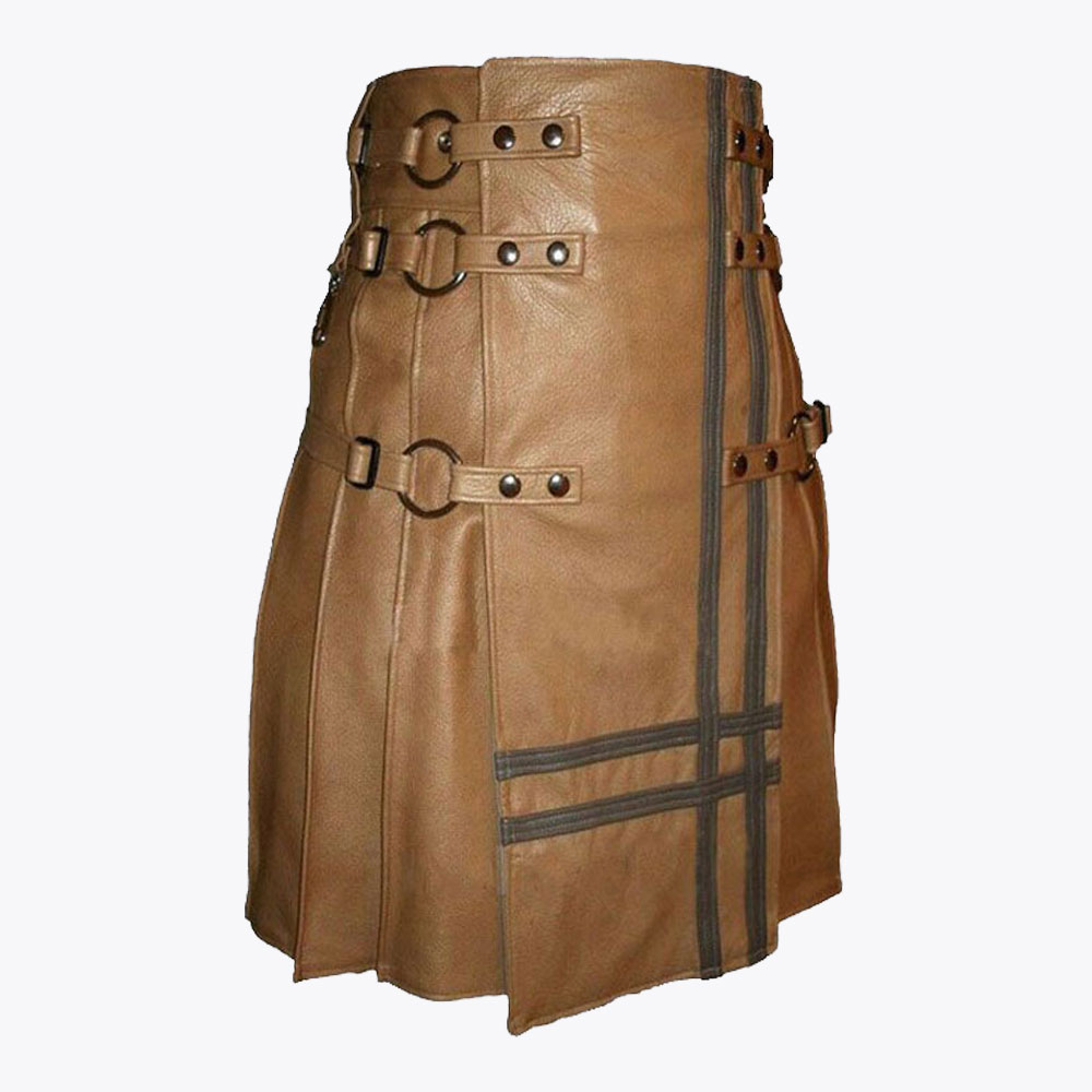 brown leather utility style kilt for men2.jpg