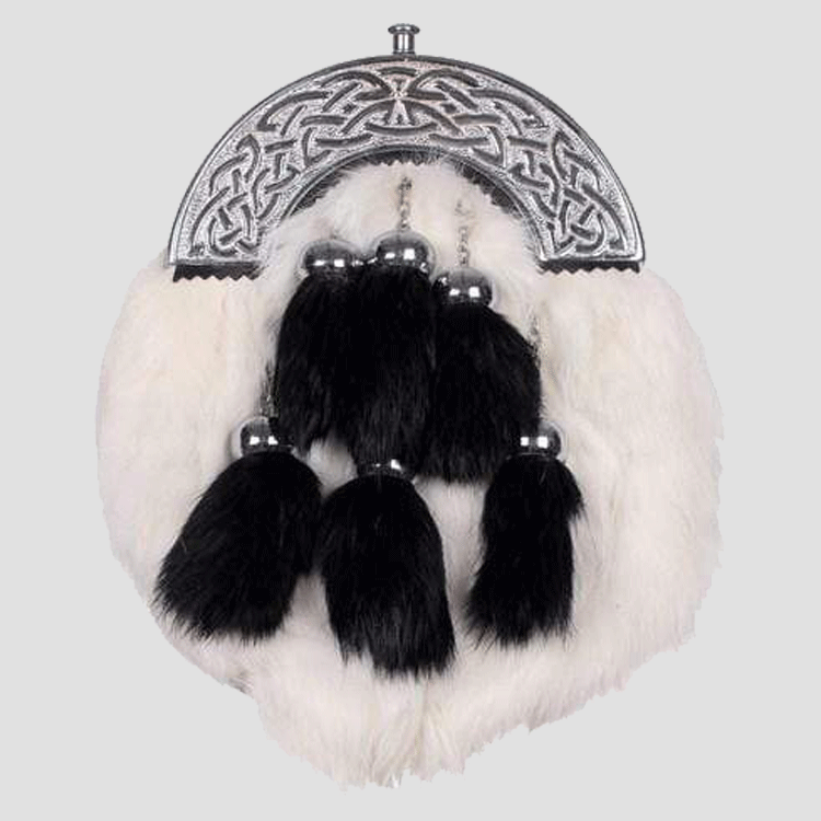 chrome celtic cantle white rabbit sporran with 6 black fur tassels.gif