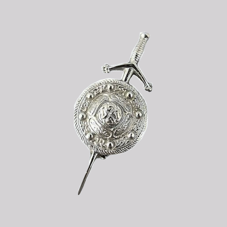 chromed sword kilt pin with celtic shield design.gif