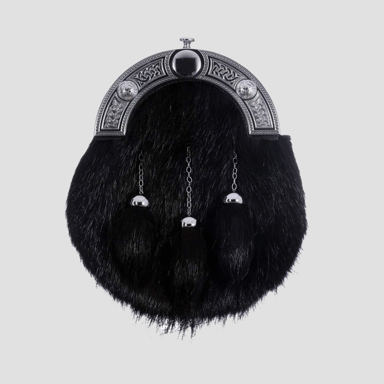full dress sporran chrome celtic knot black nutria fur with free chain belt.gif