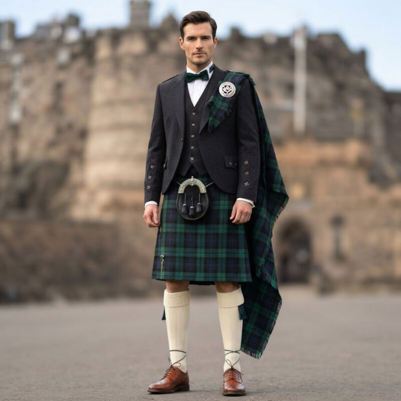 Black Watch Tartan Kilt Outfit With Black Tweed Jacket
